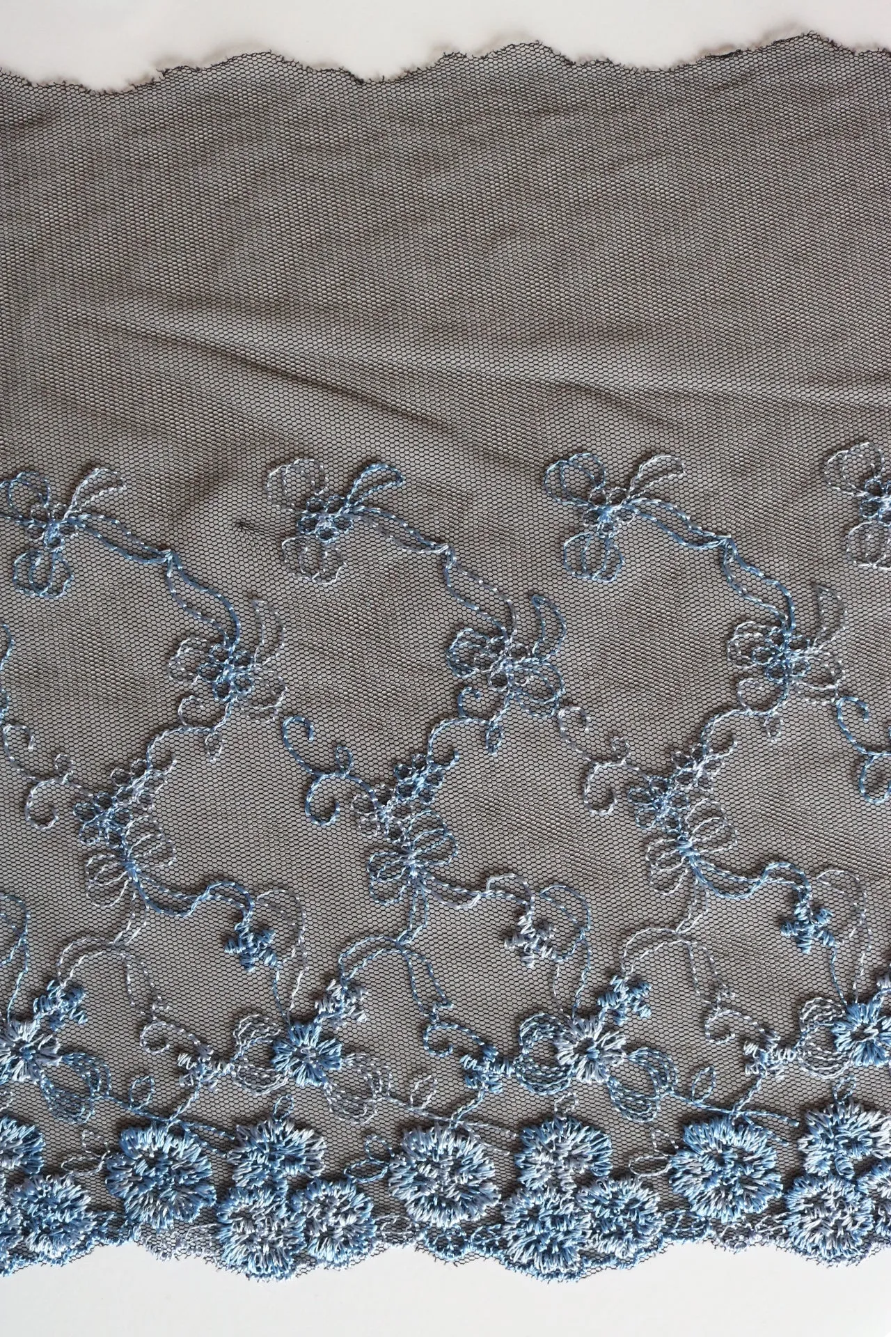 5YDS Black & Powder Blue 9.25" Wide Embroidered Lace Trim