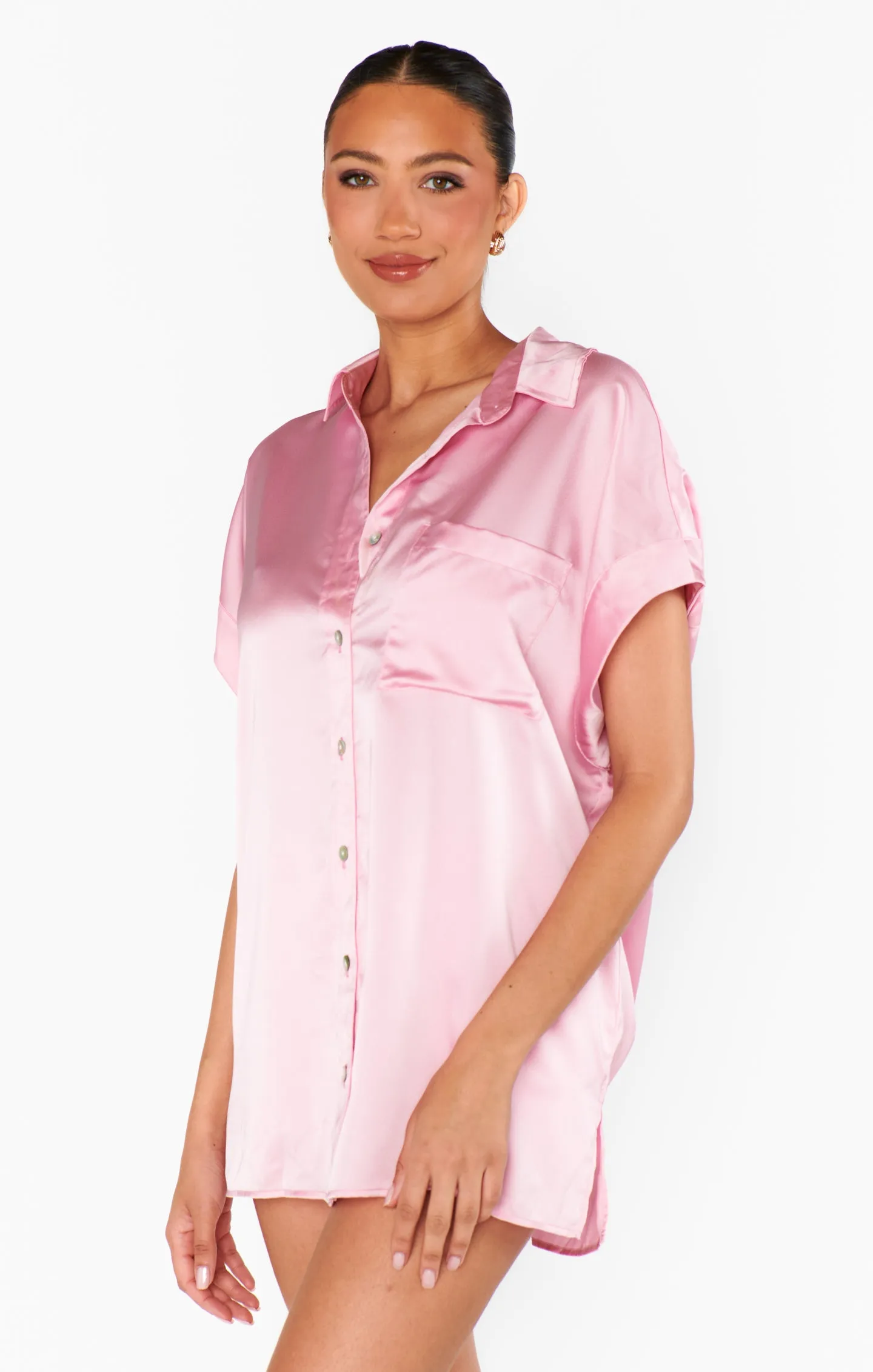 Best Day Button Up ~ Light Pink Luxe Satin