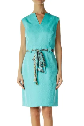 Blue Embroidered Belted Work Dress