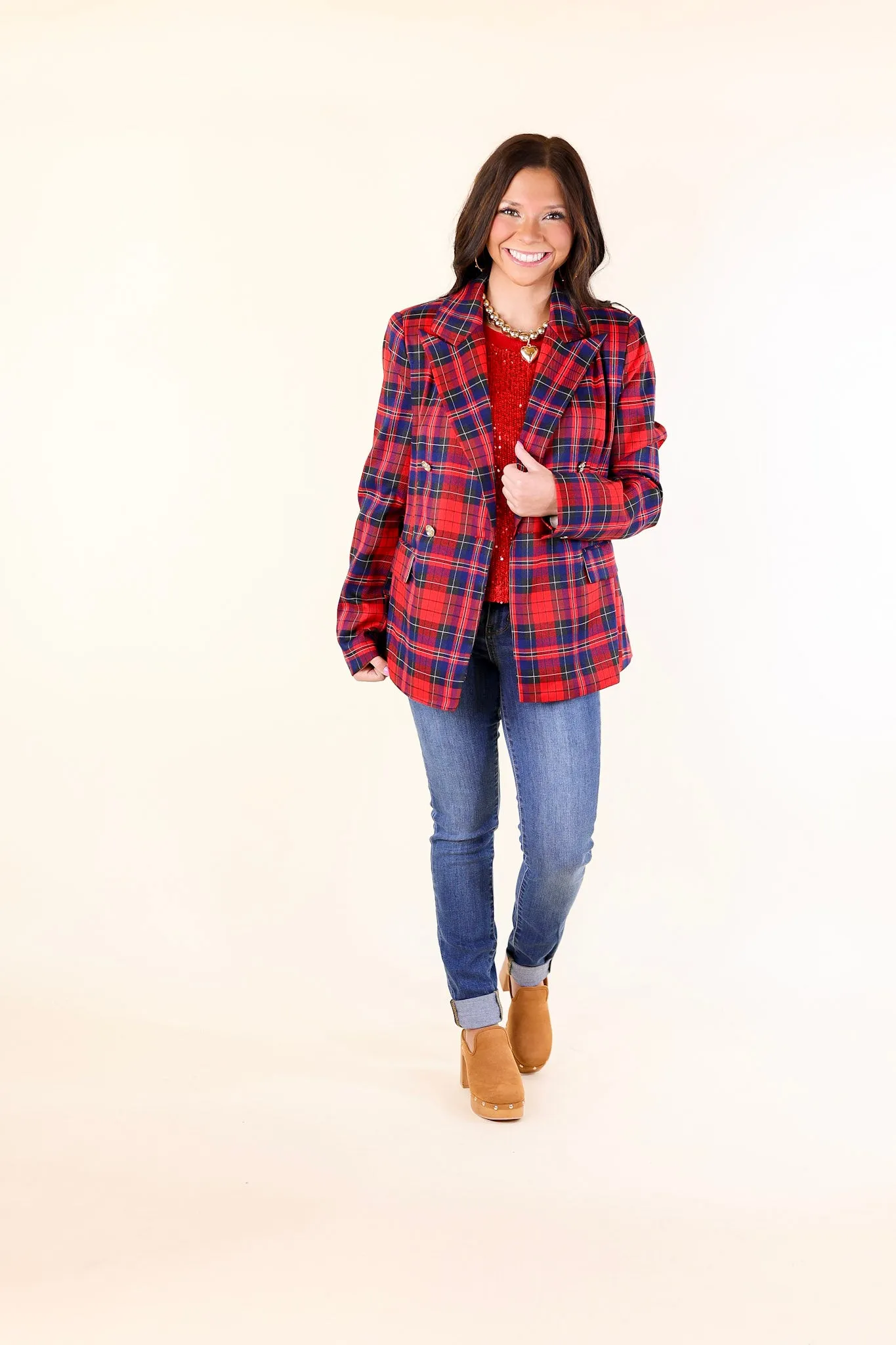 Endless Cheer Plaid Blazer with Gold Buttons in Blue and Red