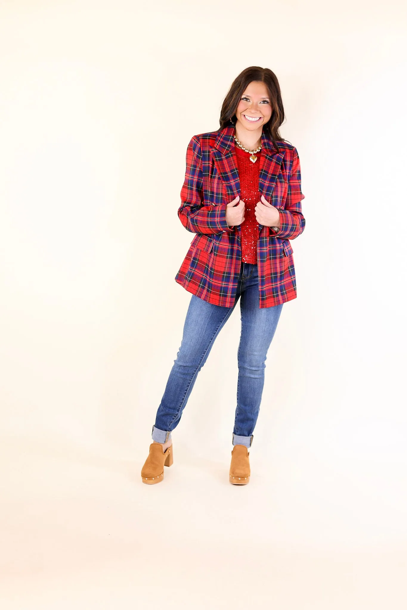 Endless Cheer Plaid Blazer with Gold Buttons in Blue and Red