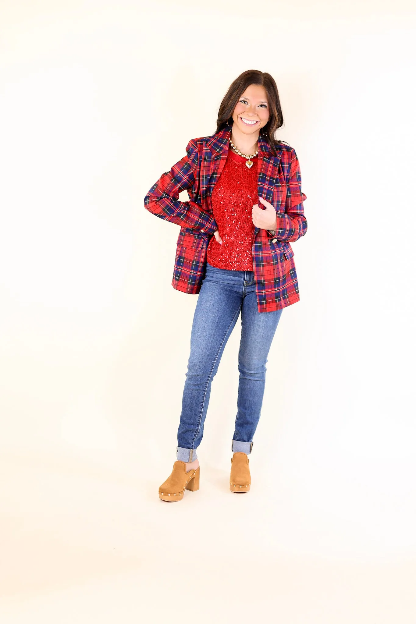 Endless Cheer Plaid Blazer with Gold Buttons in Blue and Red