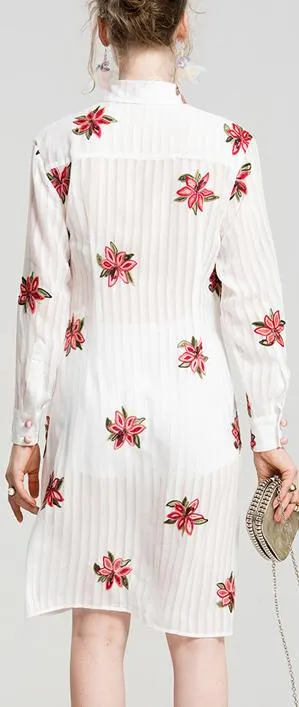 Floral-Embroidered Paneled Shirt-Dress