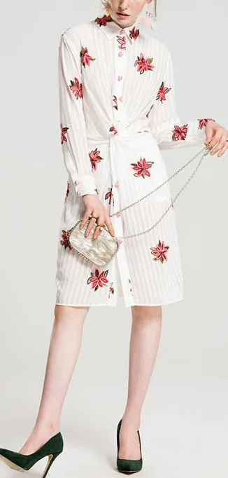 Floral-Embroidered Paneled Shirt-Dress