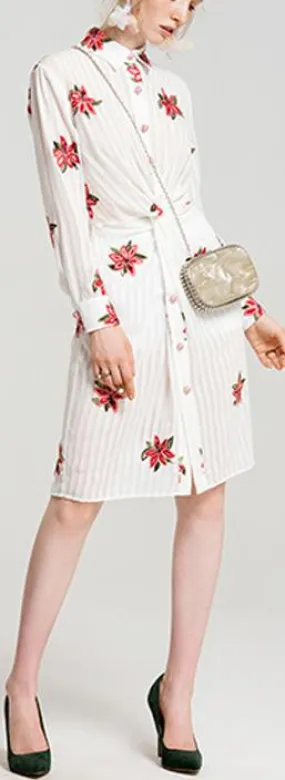 Floral-Embroidered Paneled Shirt-Dress