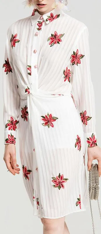 Floral-Embroidered Paneled Shirt-Dress