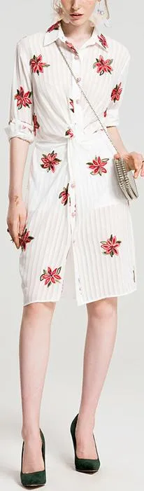 Floral-Embroidered Paneled Shirt-Dress