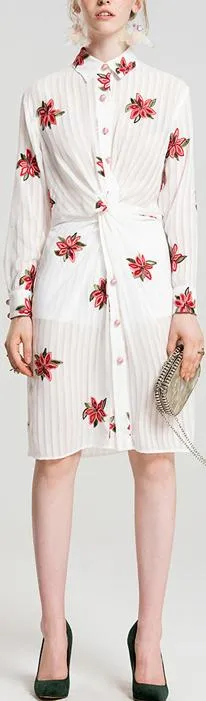 Floral-Embroidered Paneled Shirt-Dress