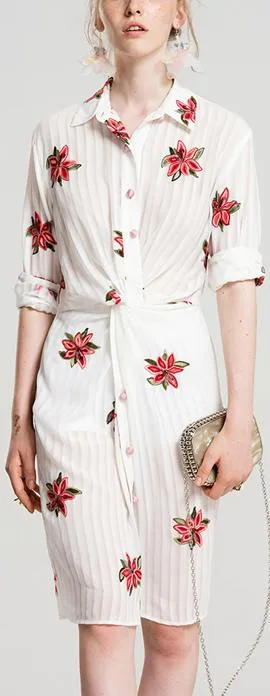 Floral-Embroidered Paneled Shirt-Dress