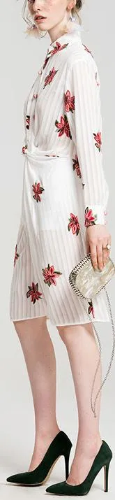 Floral-Embroidered Paneled Shirt-Dress