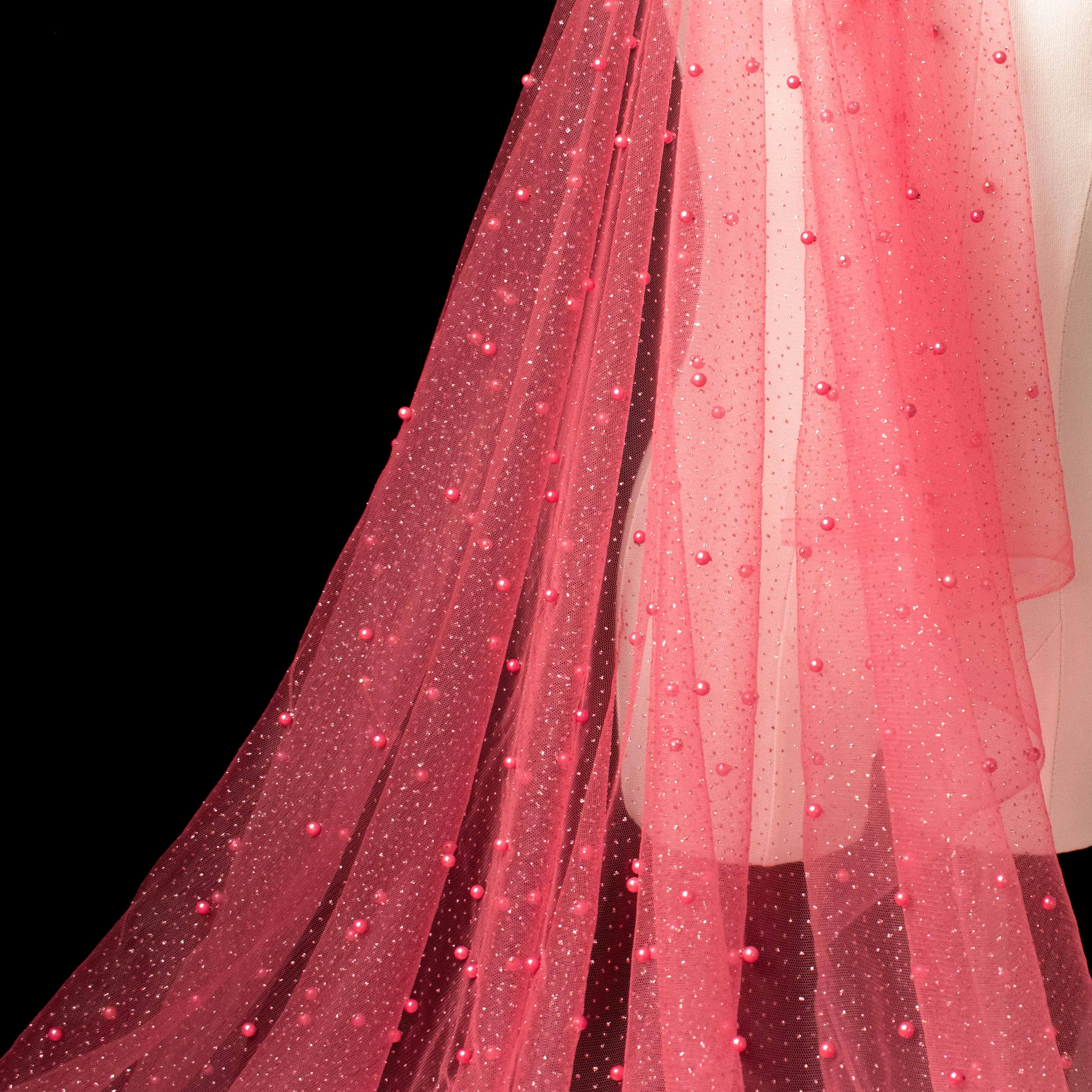 Glitter Tulle Pearl Netting Coral