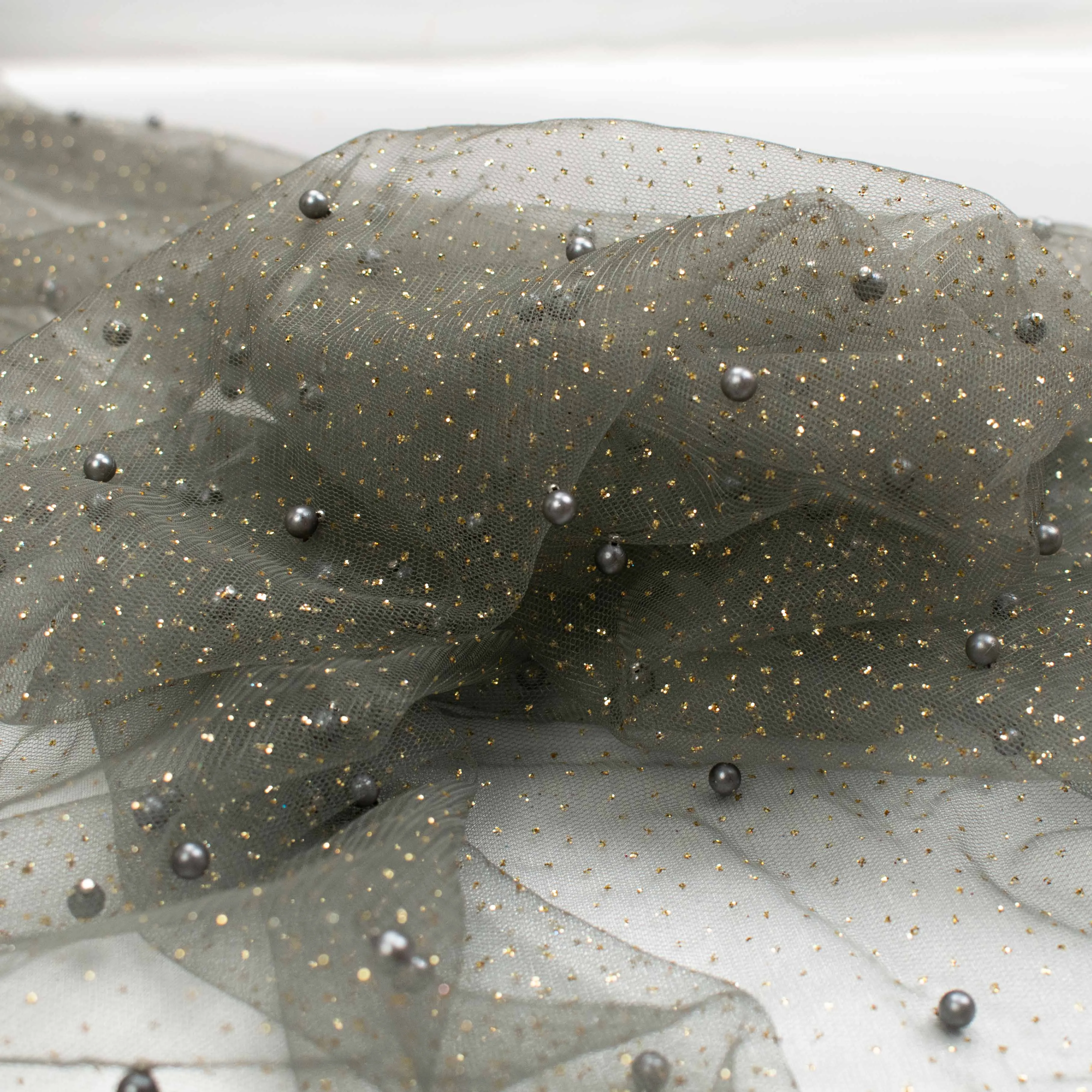 Glitter Tulle Pearl Netting Grey Gold