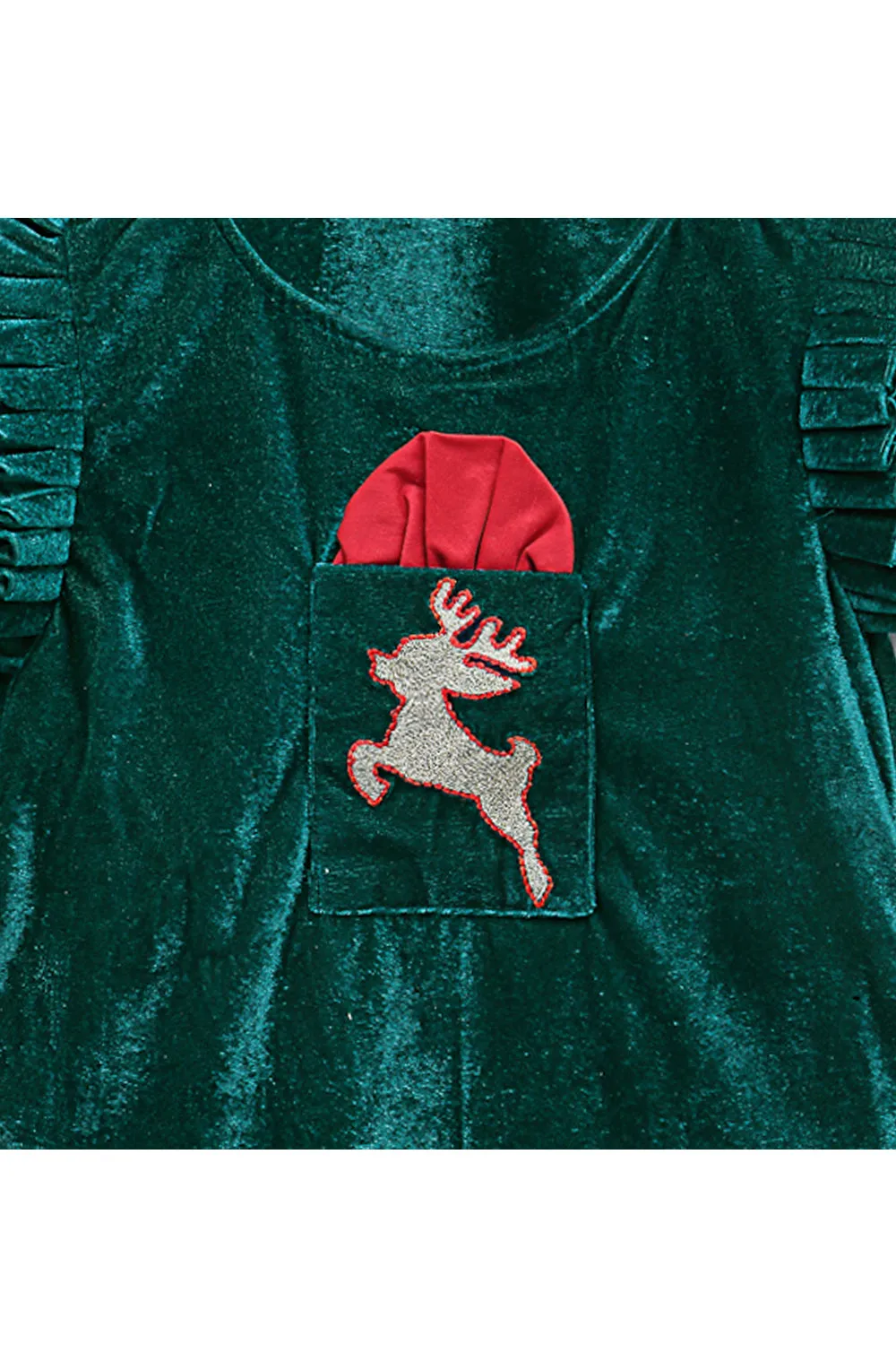 Green Reindeer Embroidered Velvet Dress