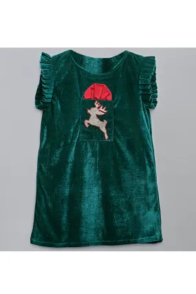 Green Reindeer Embroidered Velvet Dress