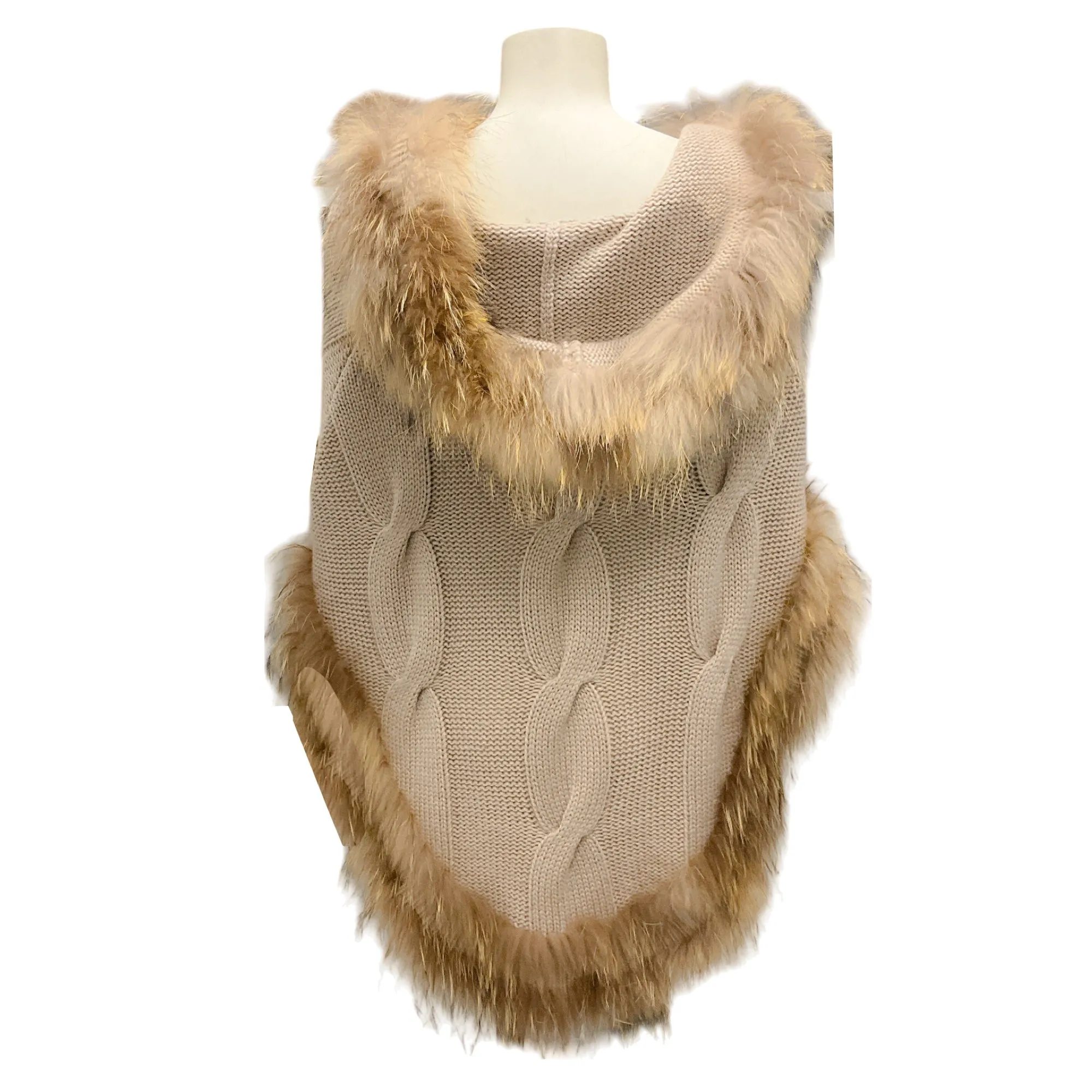 Linda Richards Luxury Tan Fur Trimmed Knit Cape / Poncho