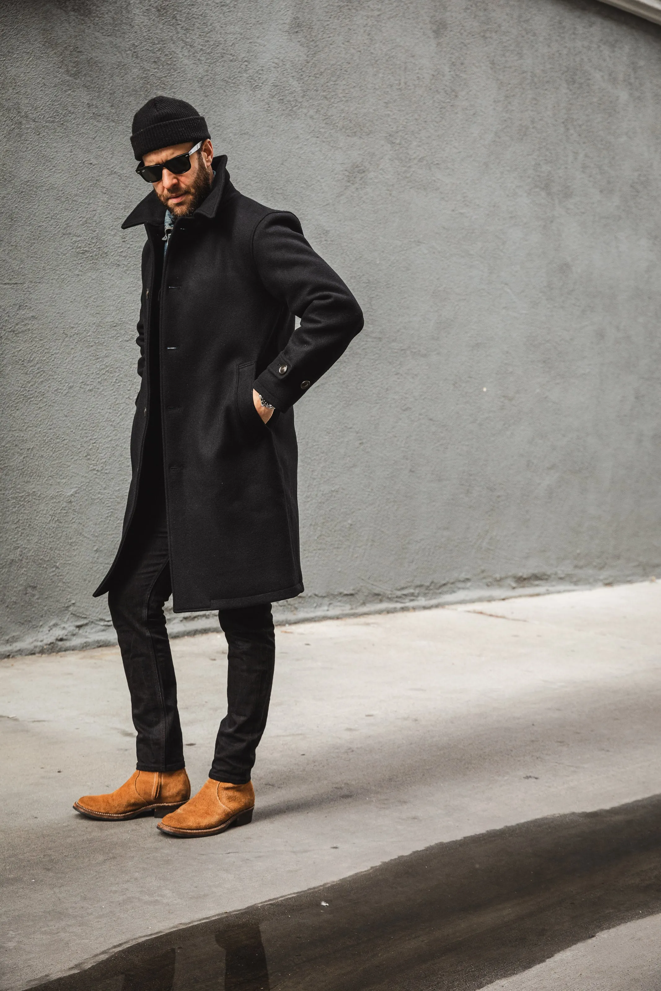 Momotaro - Heavy Melton Wool Sten Collar Coat - Black