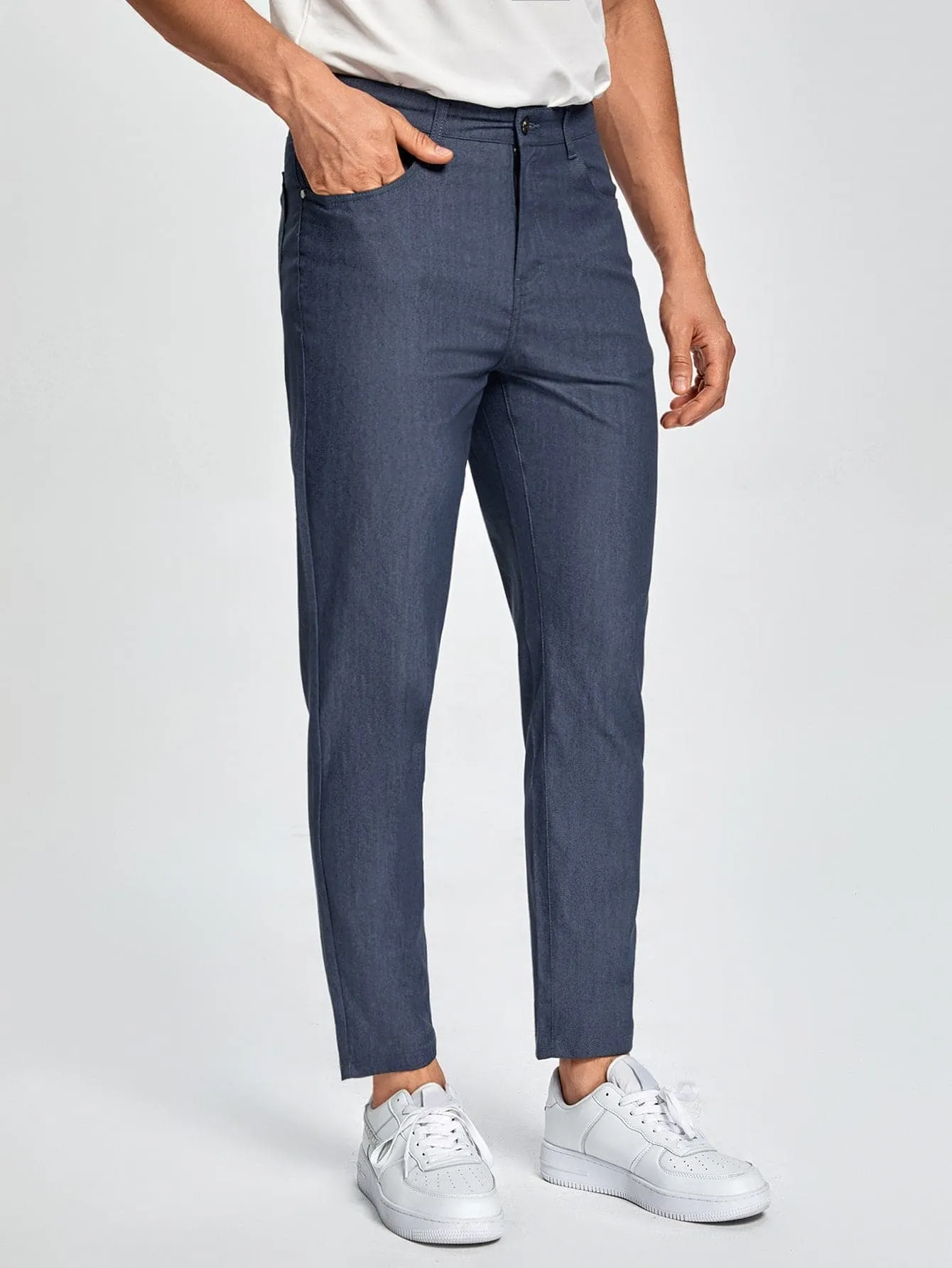 Navy Blue Button Front Solid Tailored Trousers