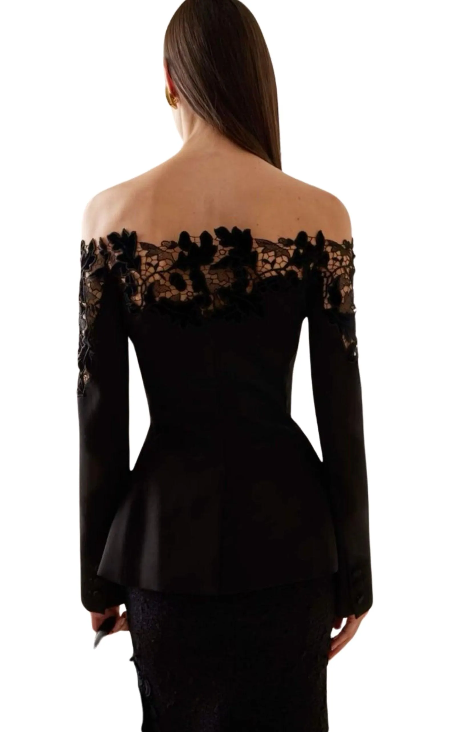 Off-Shoulder Velvet Guipure Lace Blazer