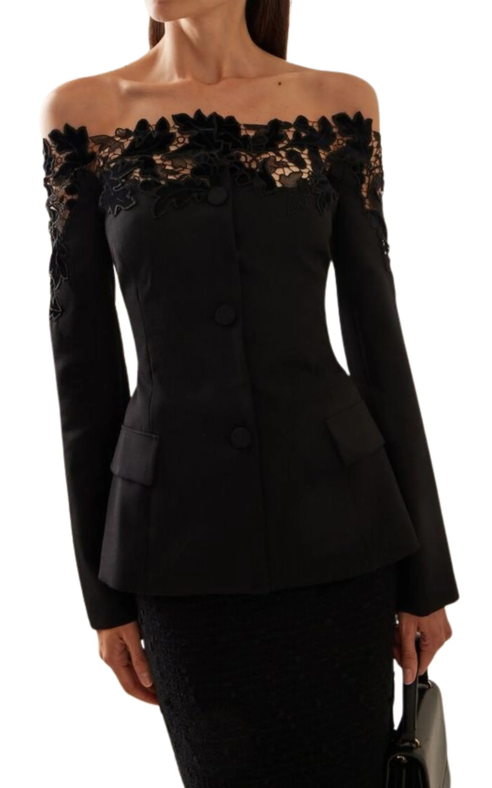 Off-Shoulder Velvet Guipure Lace Blazer