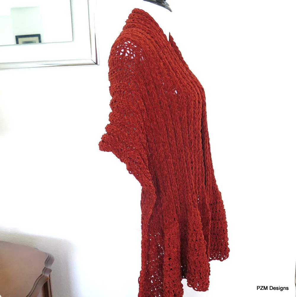 Orange Chenille Hand Knit Shawl, Orange Knit Wrap