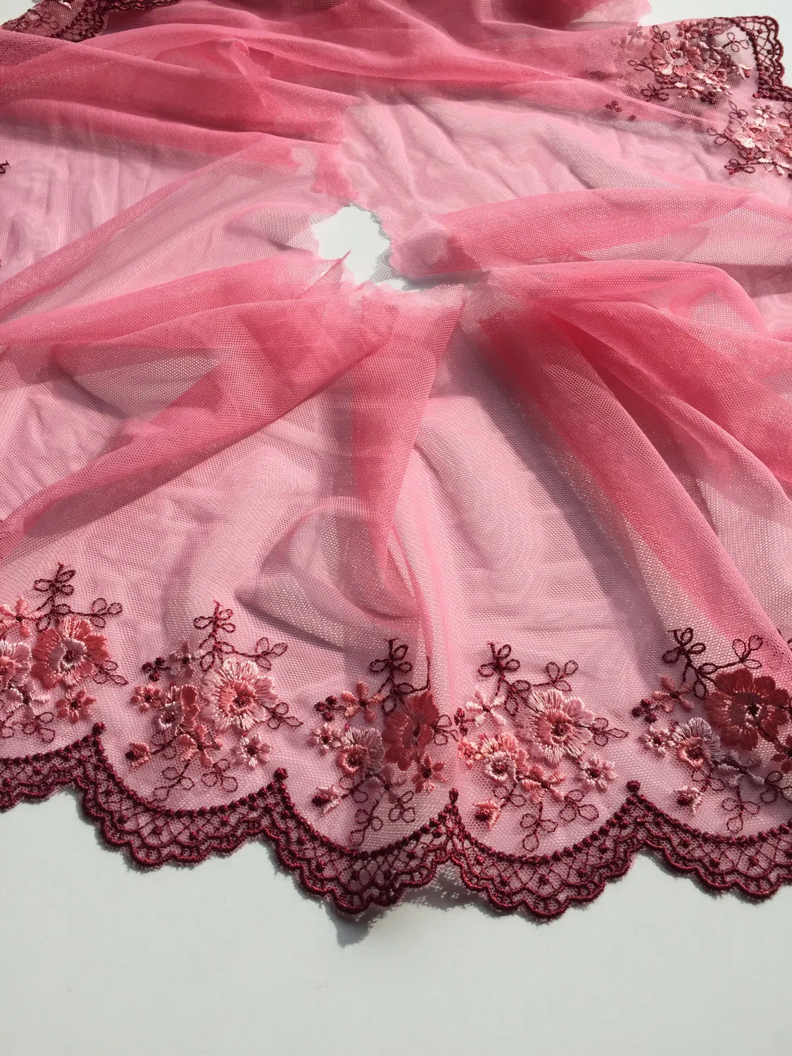 Pink & Burgundy 8" Wide Embroidered Lace Trim