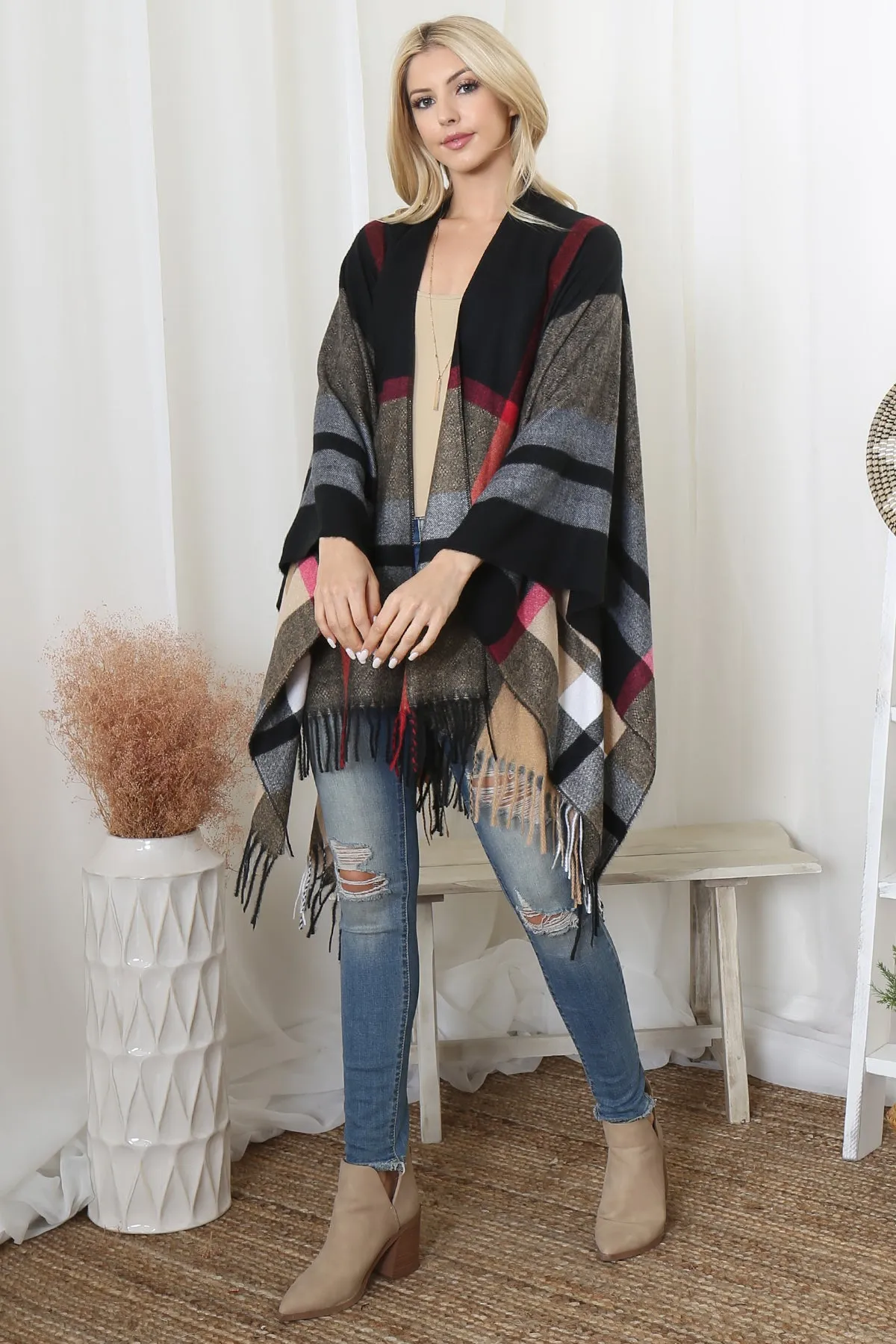 PLAID KNIT WARMER FRINGE OPEN FRONT KIMONO