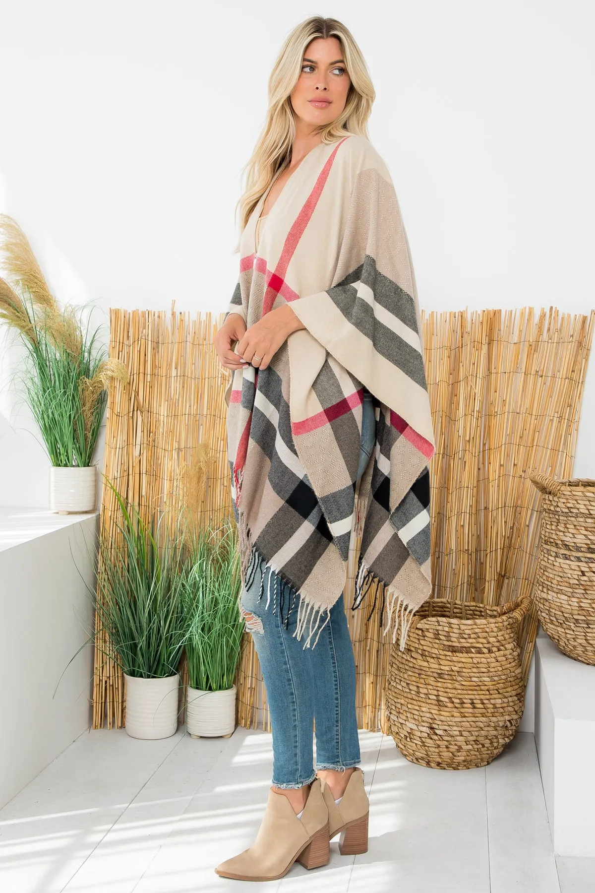 PLAID KNIT WARMER FRINGE OPEN FRONT KIMONO