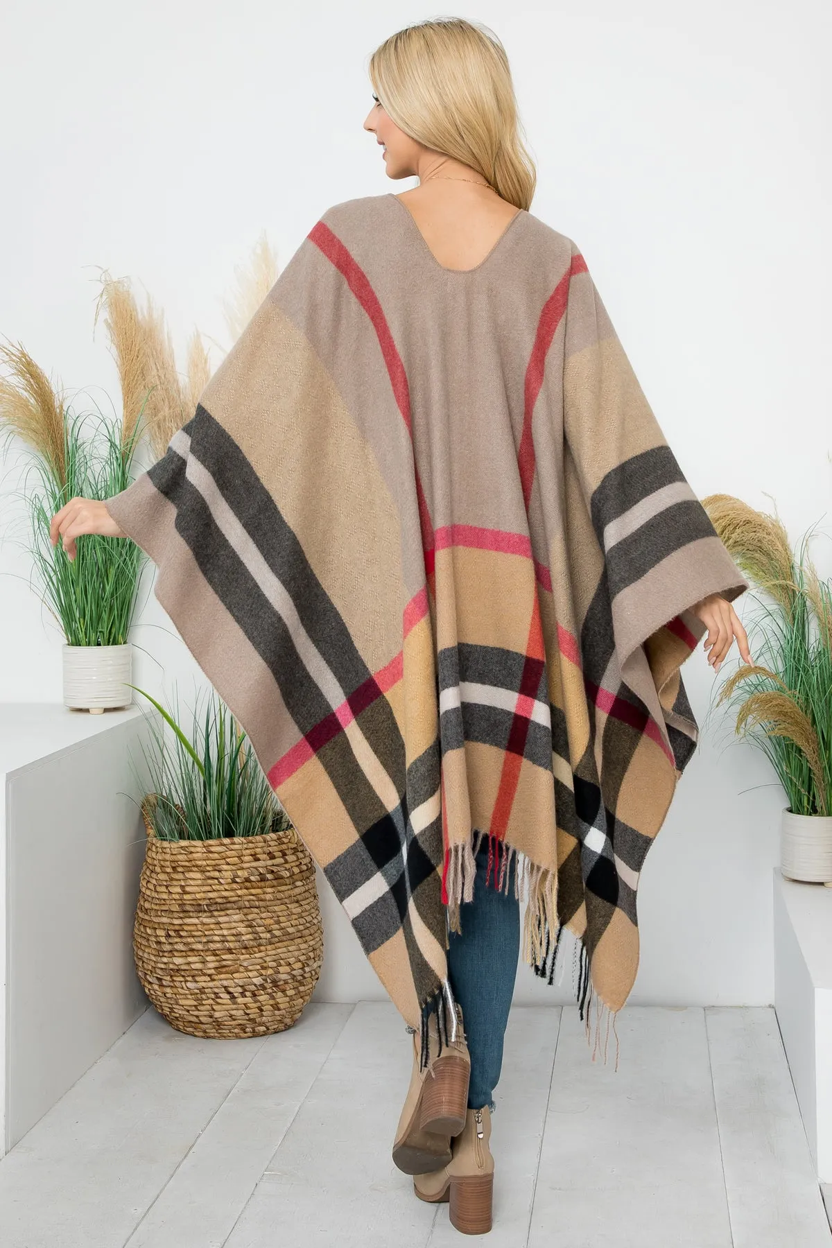 PLAID KNIT WARMER FRINGE OPEN FRONT KIMONO