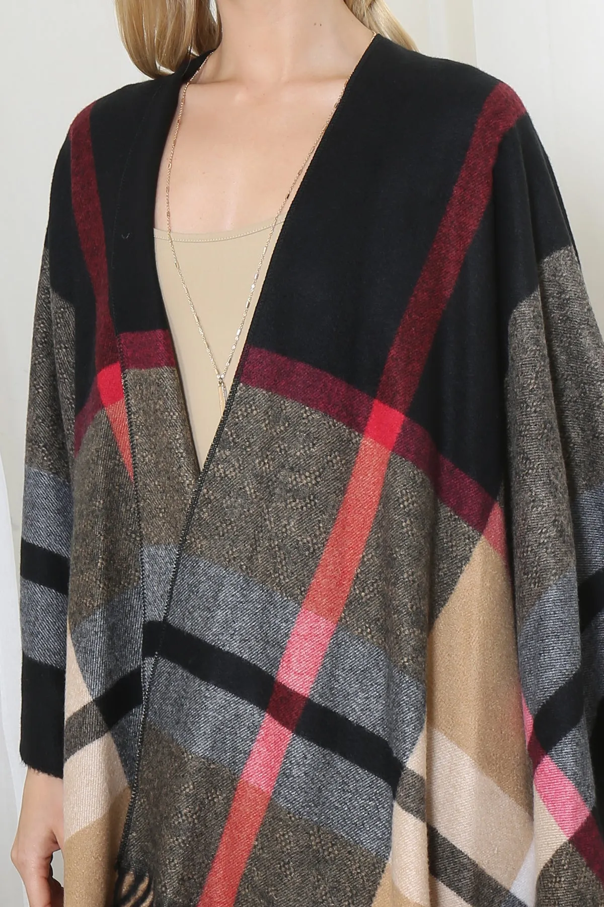 PLAID KNIT WARMER FRINGE OPEN FRONT KIMONO