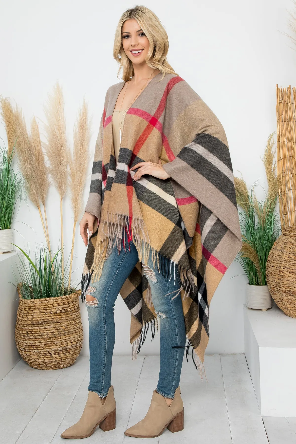 PLAID KNIT WARMER FRINGE OPEN FRONT KIMONO