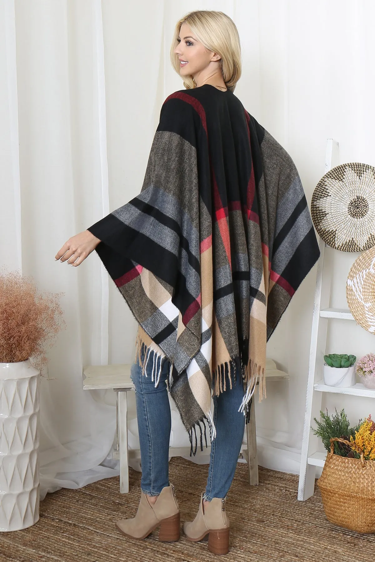 PLAID KNIT WARMER FRINGE OPEN FRONT KIMONO