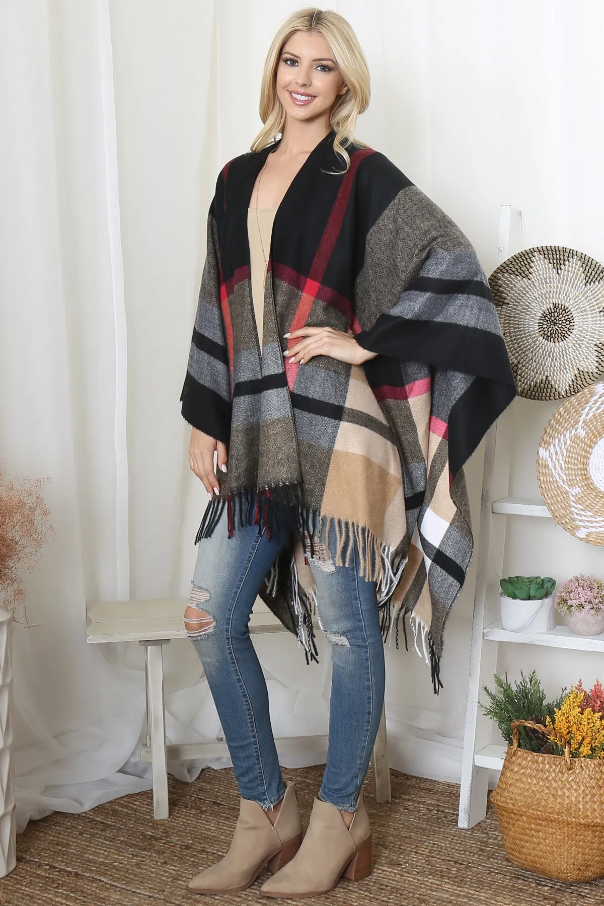 PLAID KNIT WARMER FRINGE OPEN FRONT KIMONO