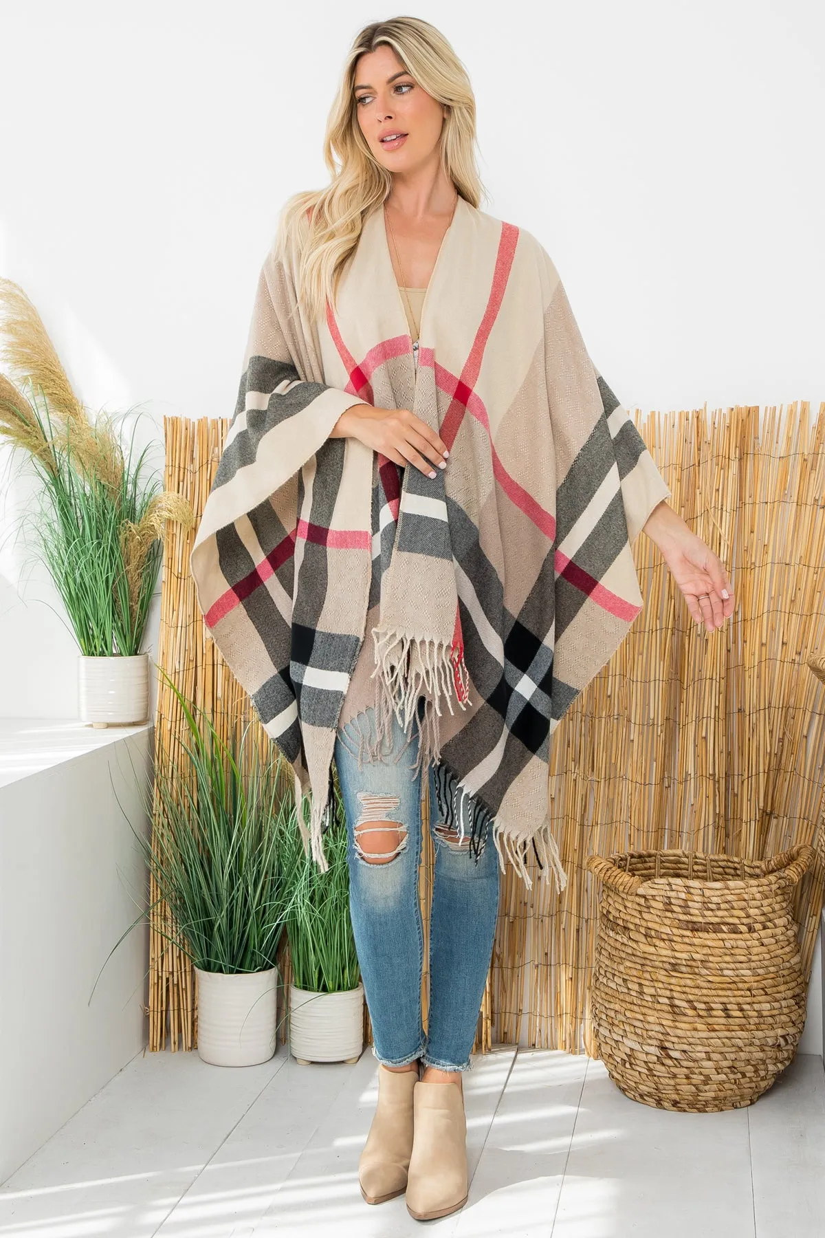 PLAID KNIT WARMER FRINGE OPEN FRONT KIMONO