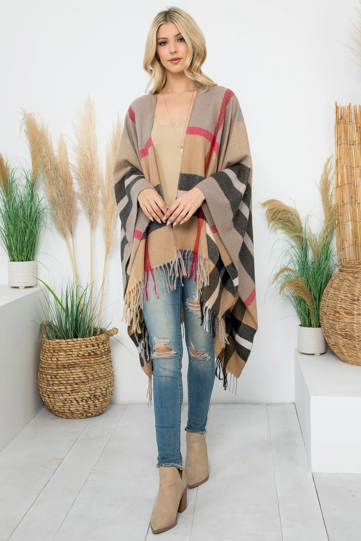 PLAID KNIT WARMER FRINGE OPEN FRONT KIMONO