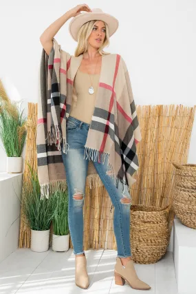 PLAID KNIT WARMER FRINGE OPEN FRONT KIMONO