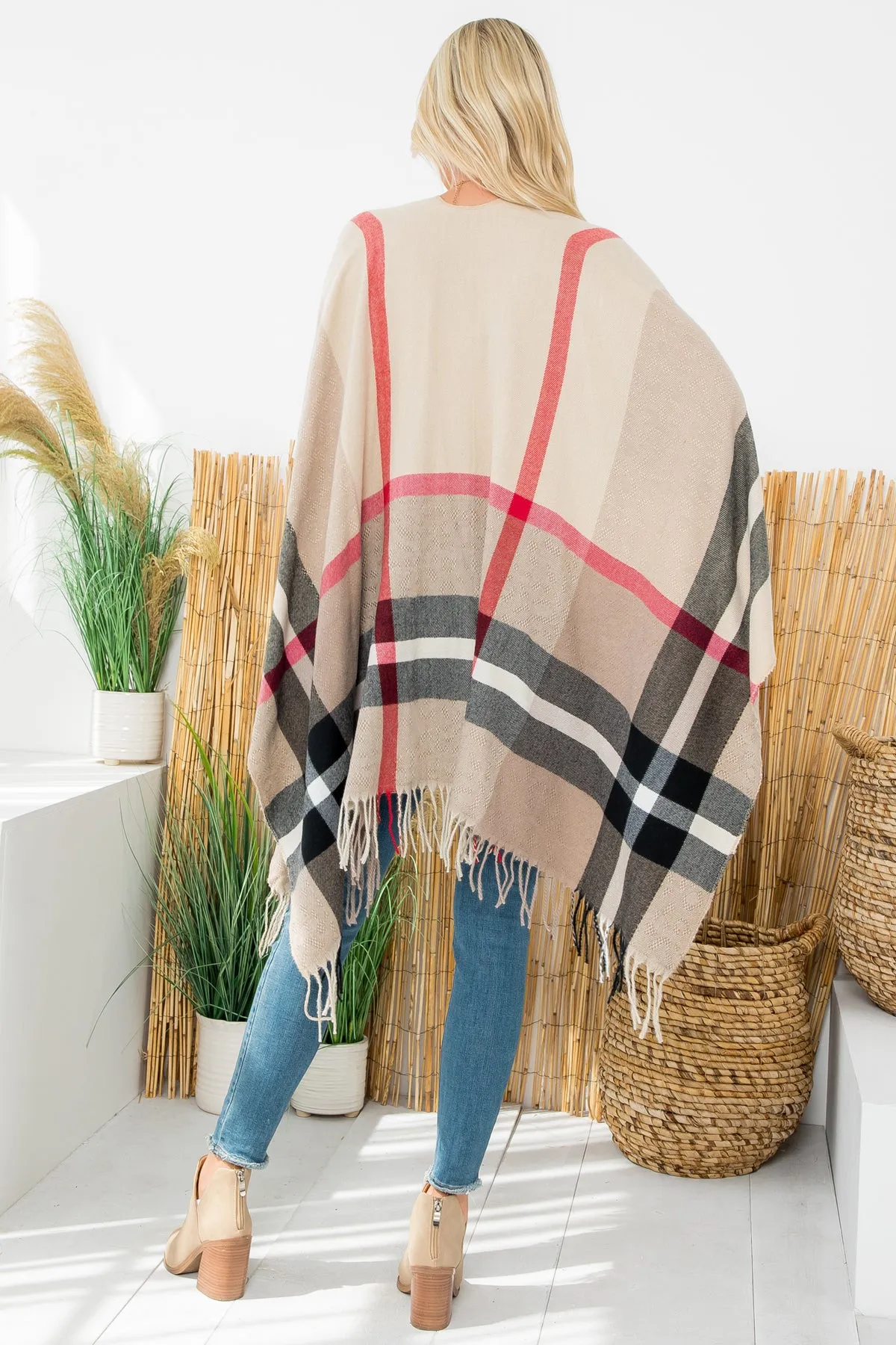 PLAID KNIT WARMER FRINGE OPEN FRONT KIMONO