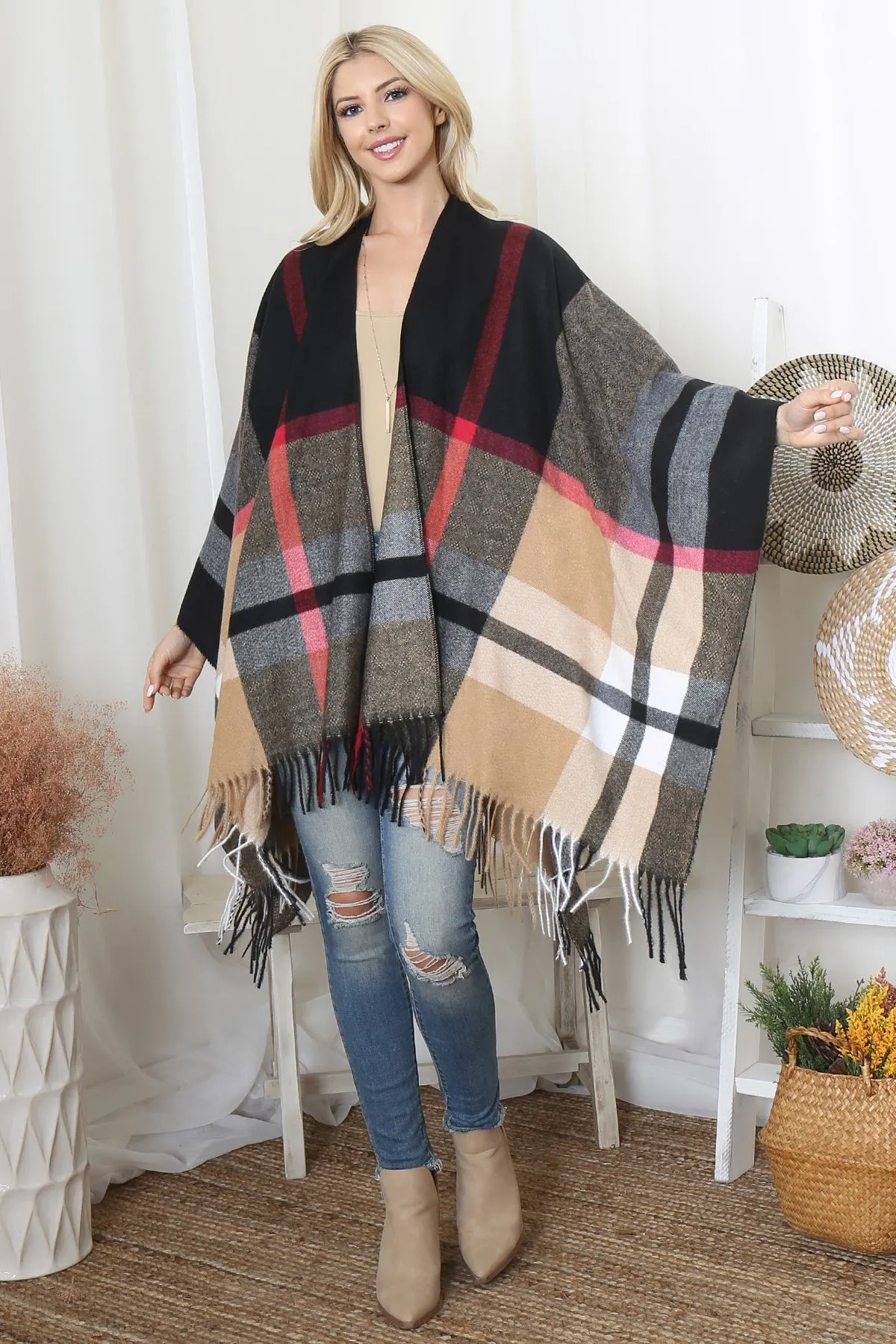 PLAID KNIT WARMER FRINGE OPEN FRONT KIMONO