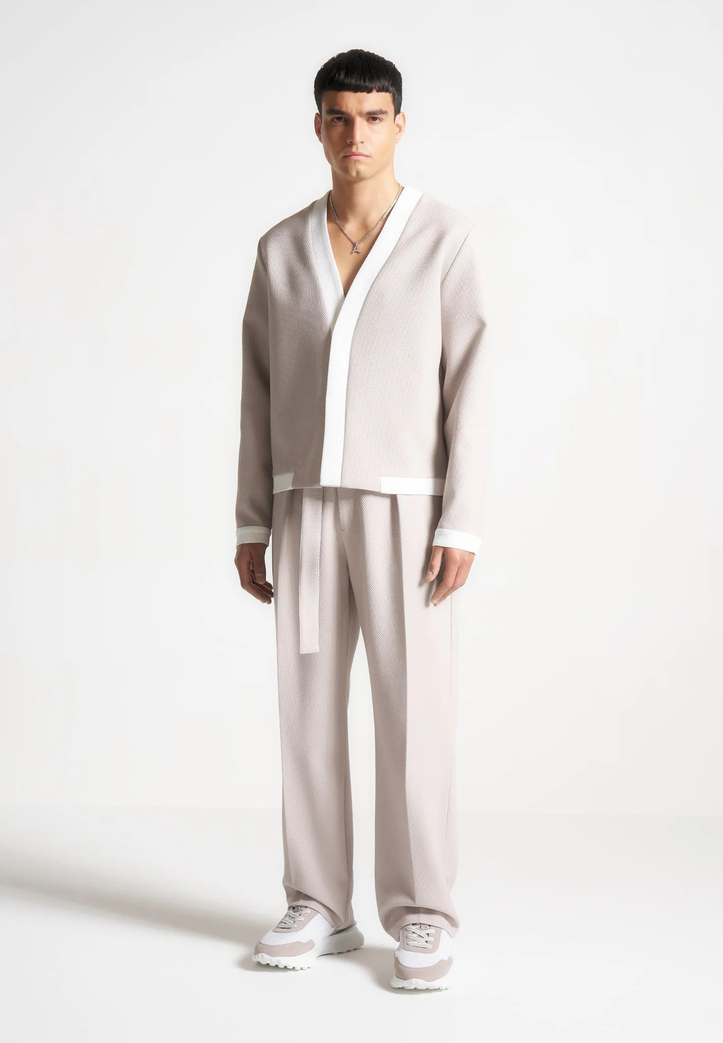 Relaxed Fit Textured Belted Tailored Trousers - Stone