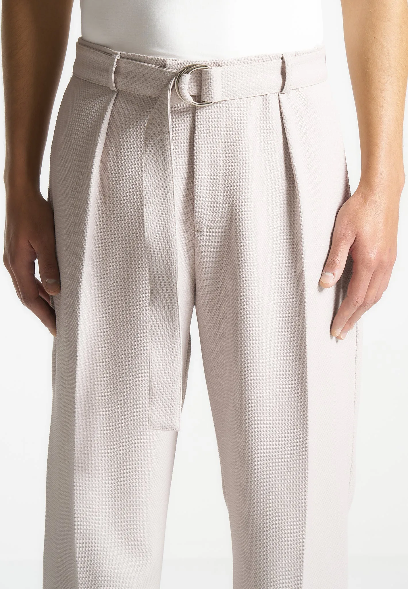 Relaxed Fit Textured Belted Tailored Trousers - Stone