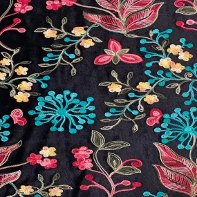 Rose Pink Blue Multicolor Briony Floral Embroidered Stretch Velvet Fabric