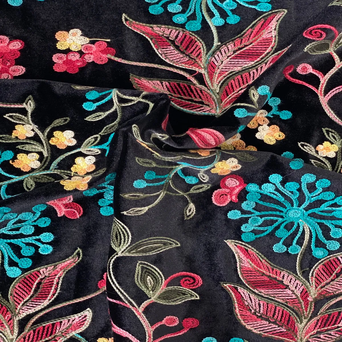 Rose Pink Blue Multicolor Briony Floral Embroidered Stretch Velvet Fabric