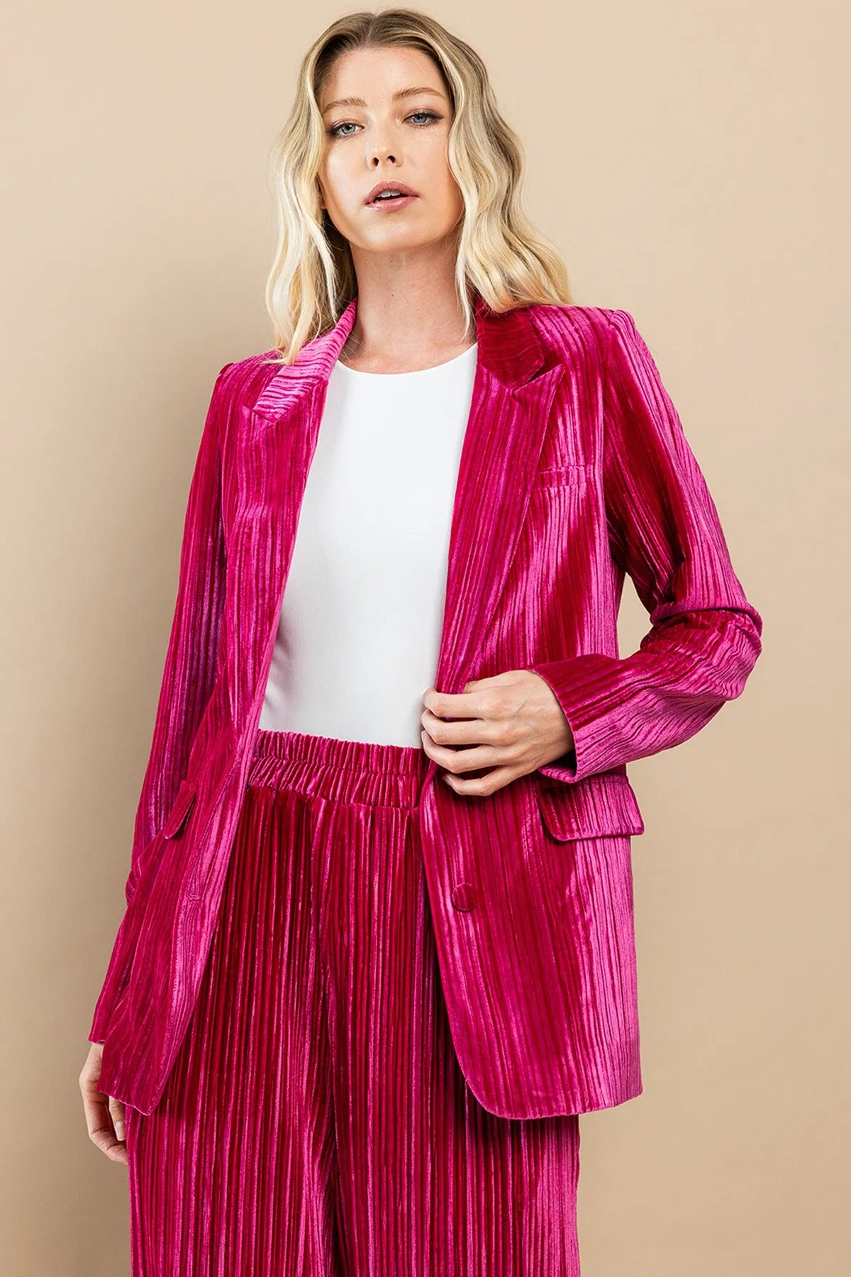 Velvet Dreams Fuchsia Pleated Blazer