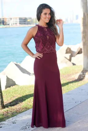 Wine Maxi Dress with Mesh Embroidered Top