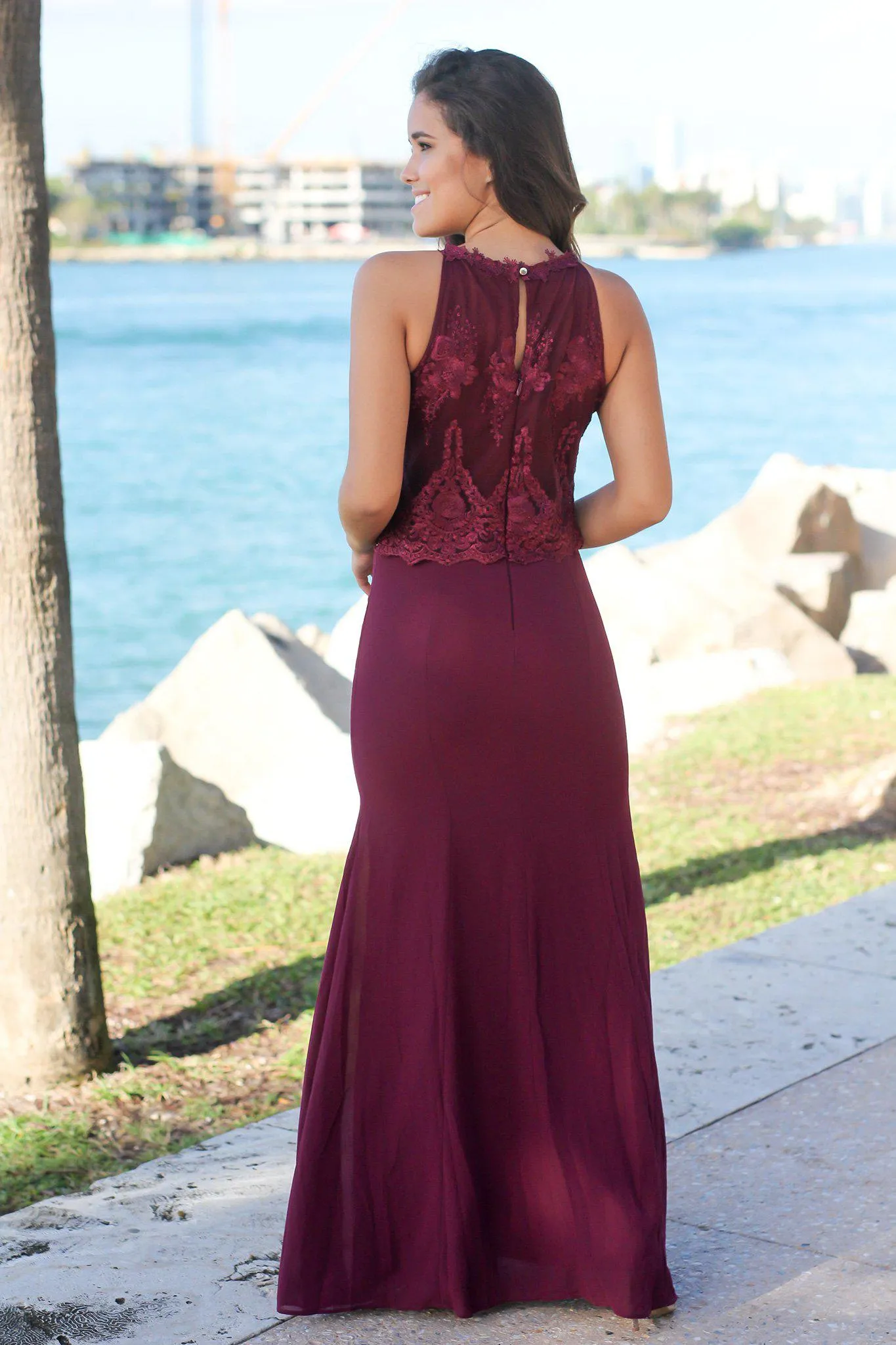 Wine Maxi Dress with Mesh Embroidered Top