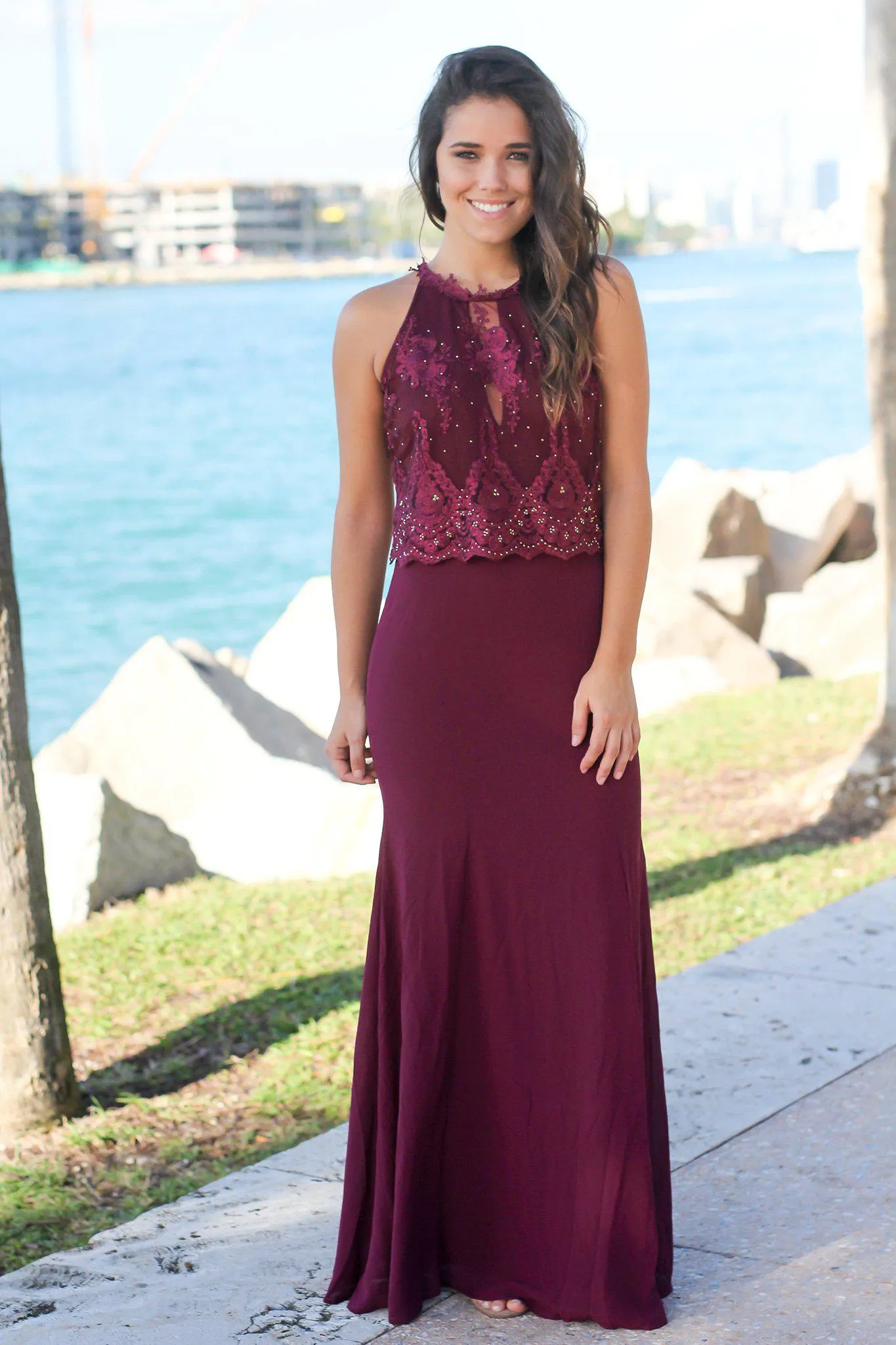 Wine Maxi Dress with Mesh Embroidered Top