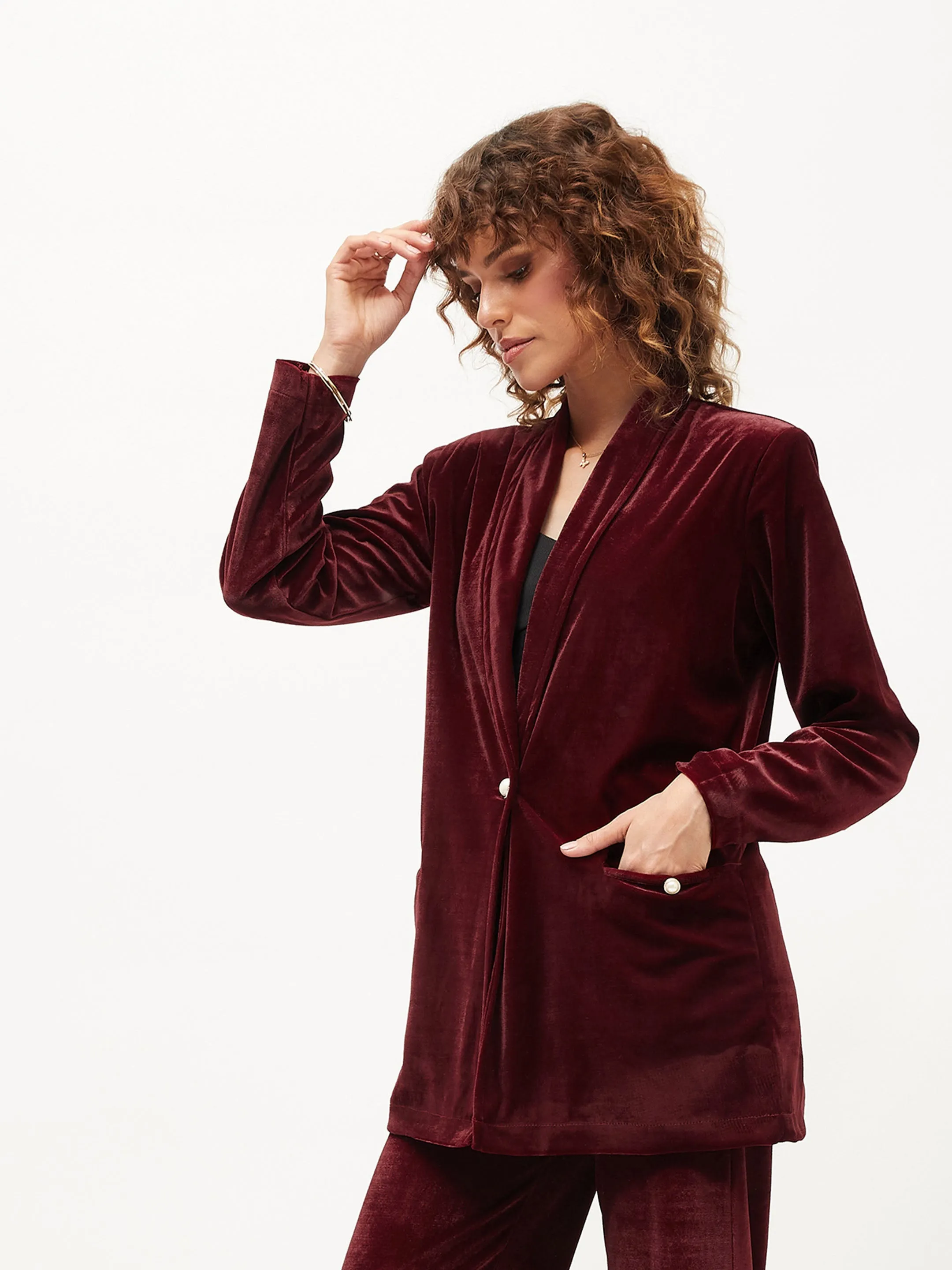 Women Maroon Velvet Shawl Collar Blazer