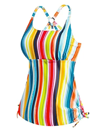 Womens Drawstring Tie Closure Tankini Bathing Suit Tops